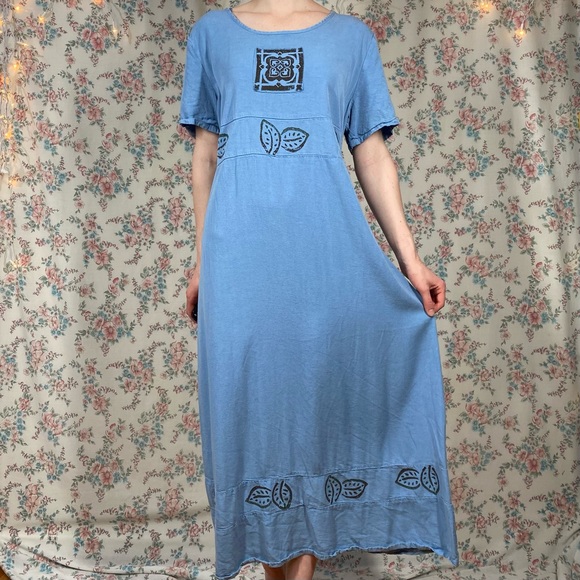 90s block printed blue dress by froxx leaf print large - Picture 2 of 8